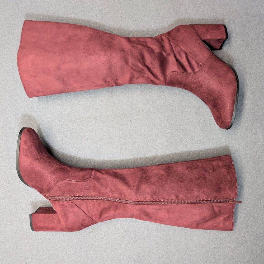 Allegra K Women Size 8.5 Burgandy Faux Suede Knee High Boots Low Block Heel